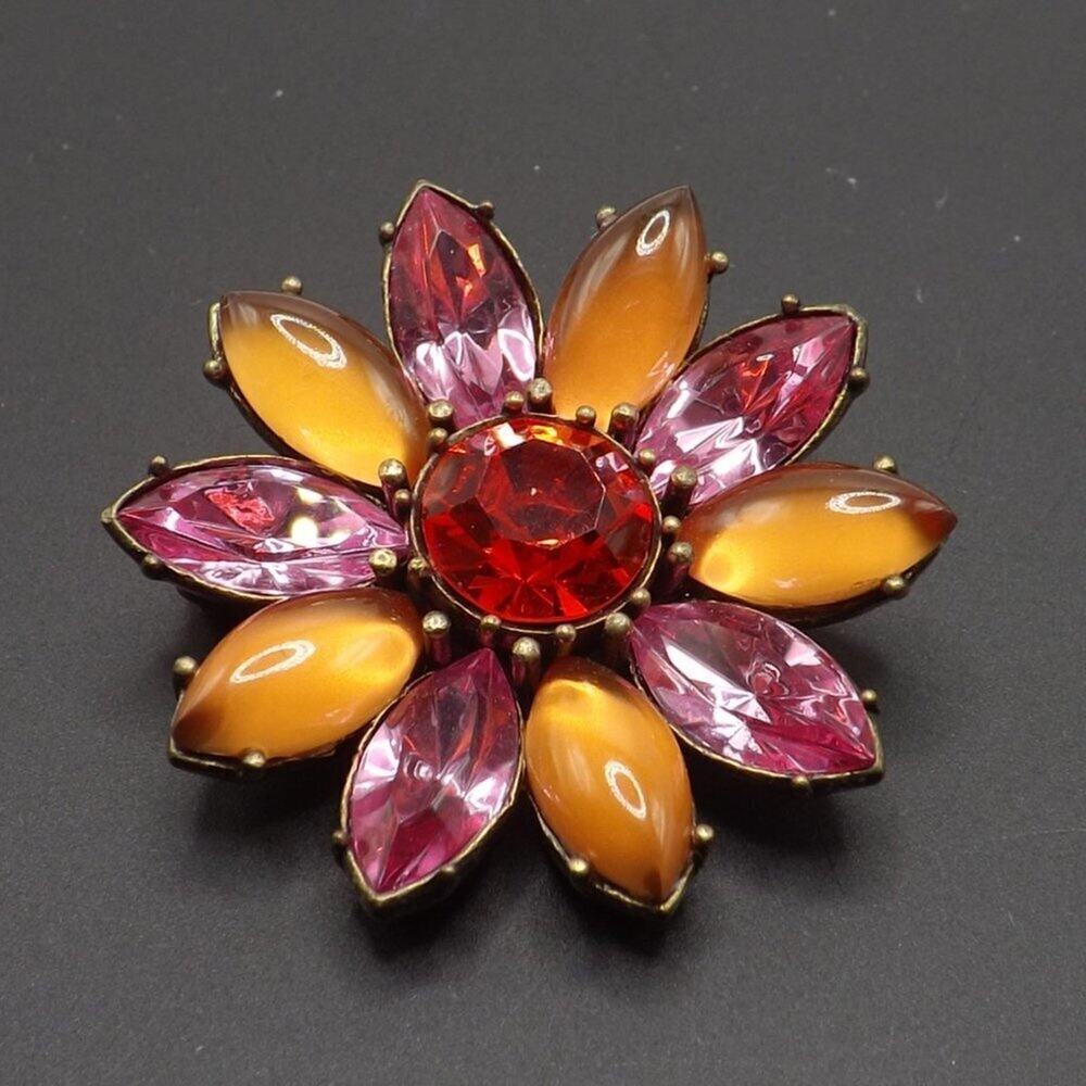 Vintage Small Flower Brooch, 1 1/2 Inches, Pink Rhinestones, Pink Orange Cabs